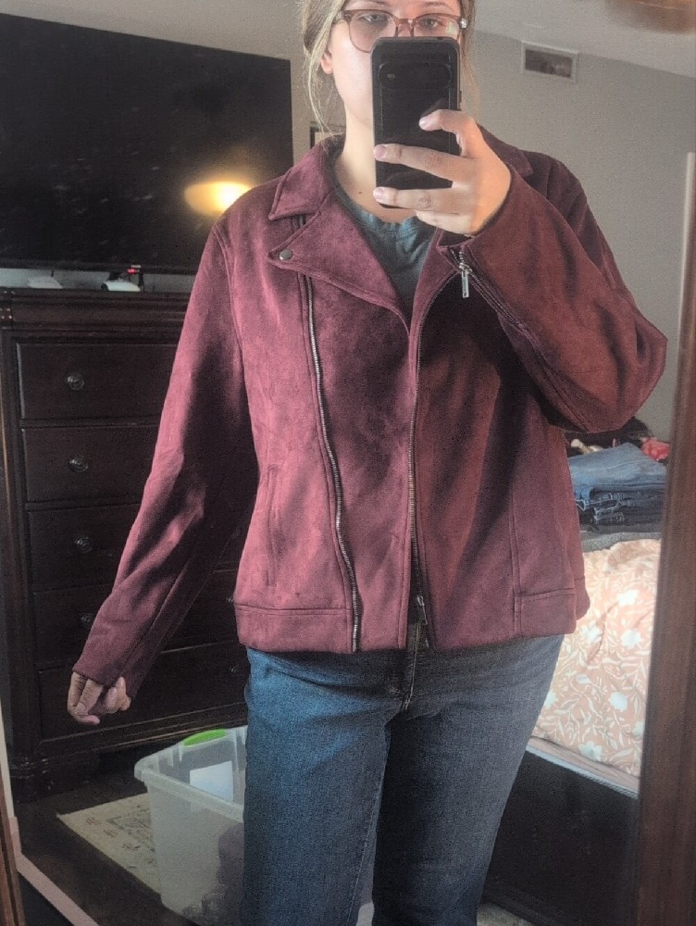 Womens Burgundy Faux Suede Moto Jacket - Picture 2 of 6